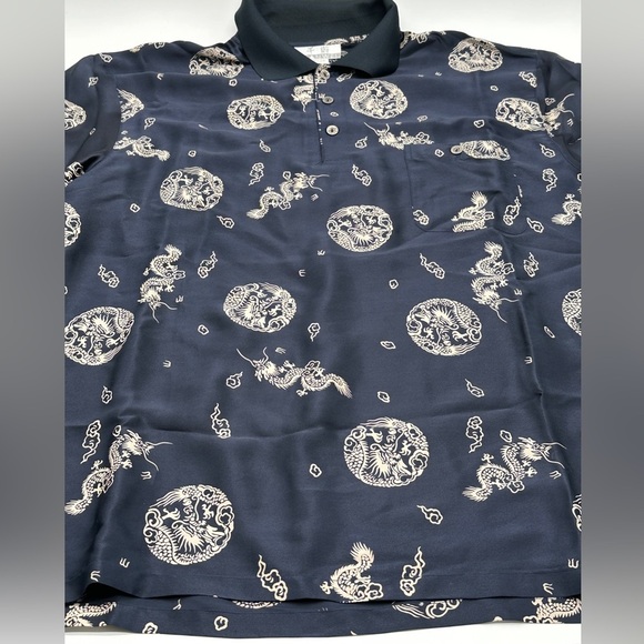 100% Silk Mens Blue Silver Polo Dragon Satin Button Front Shirt, 46” chest XXL - Picture 1 of 8